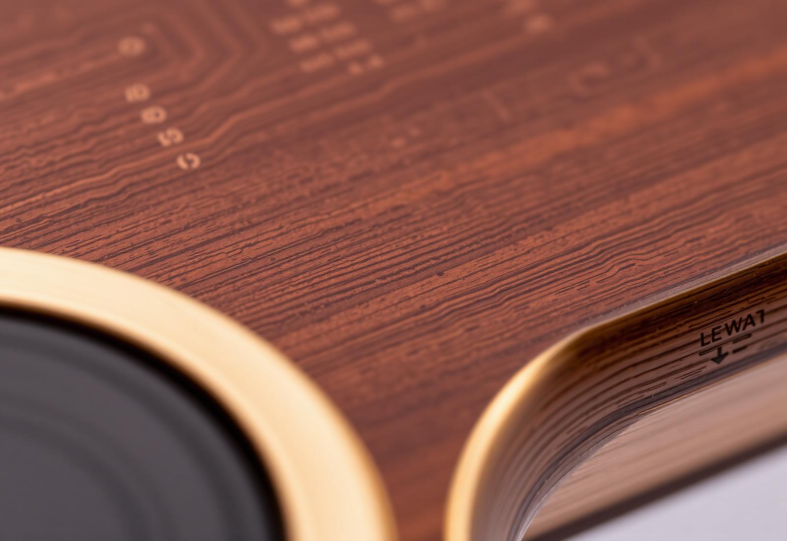 Macro of brushed brass and wood with engraved circuit
