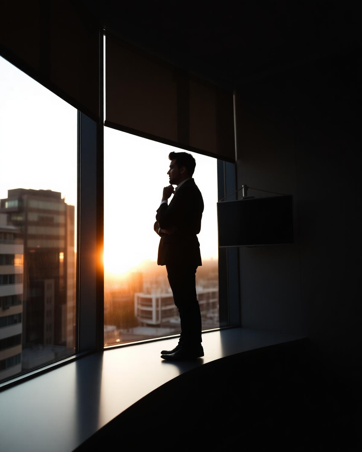 Silhouette of a leader looking out at sunset over a city